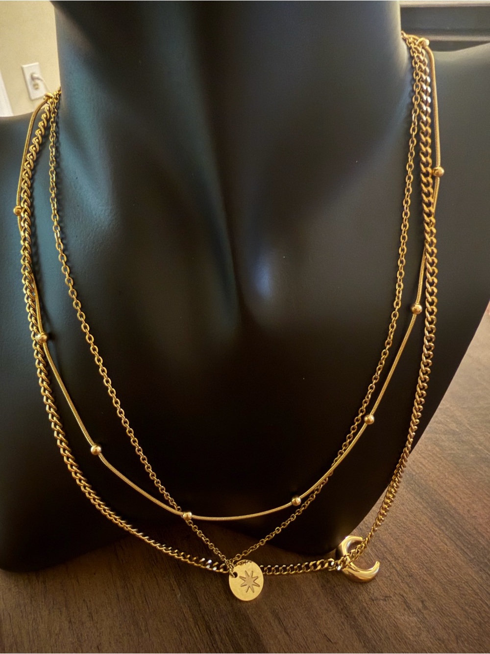 Layered Gold Crescent & Star Pendant Necklace - Women's Gold Tone